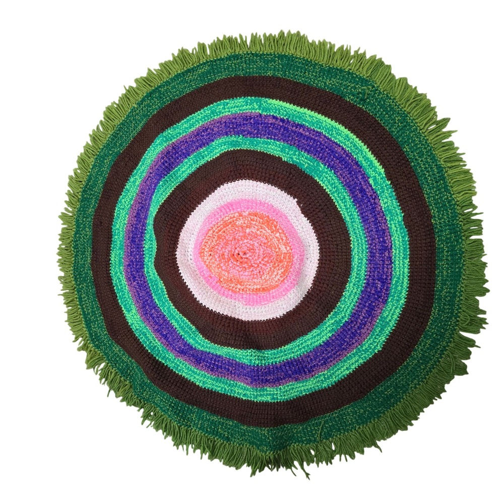 Vintage Handmade Crochet Round Rug Multi Color Boho Fringed Accent 44 Inch